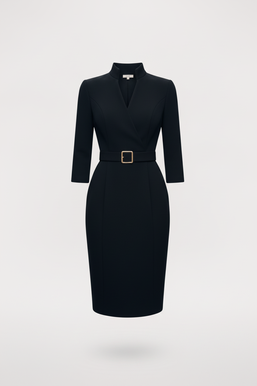 Nora | Vestido Negro Terminado con Cinturón y Cuello Mandarin