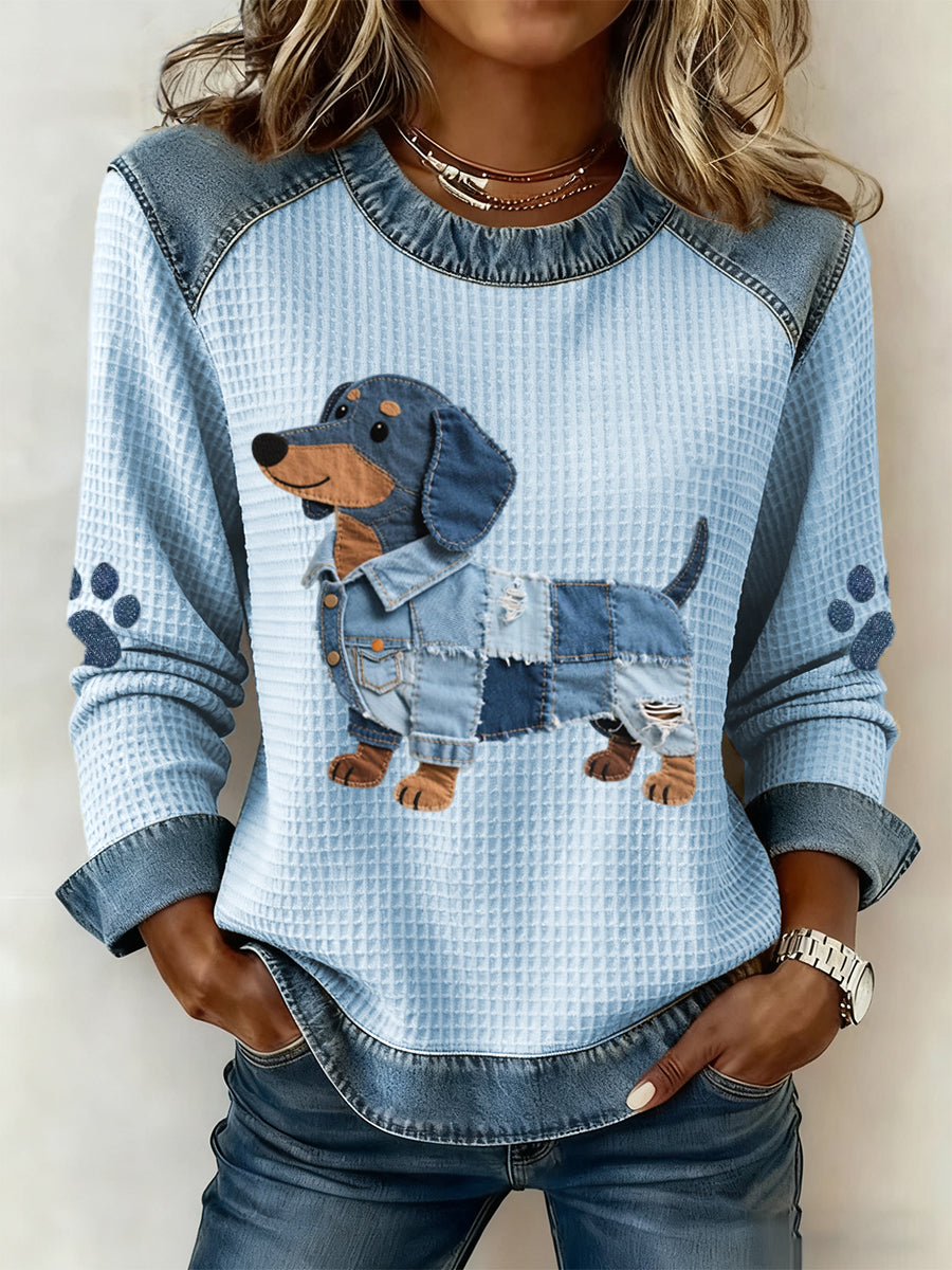 Nuria™ | Camiseta de patchwork vaquero con diseño de perro