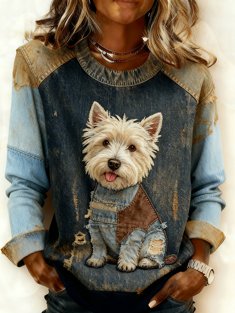 Bella™ | Camiseta de patchwork de mezclilla con estampado de perro