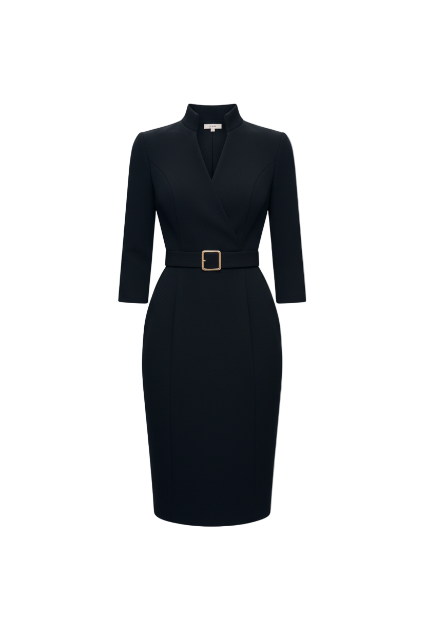 Nora | Vestido Negro Ajustado con Cinturón y Cuello Mandarin