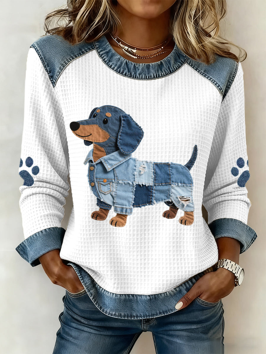 Nuria™ | Camiseta de patchwork vaquero con diseño de perro